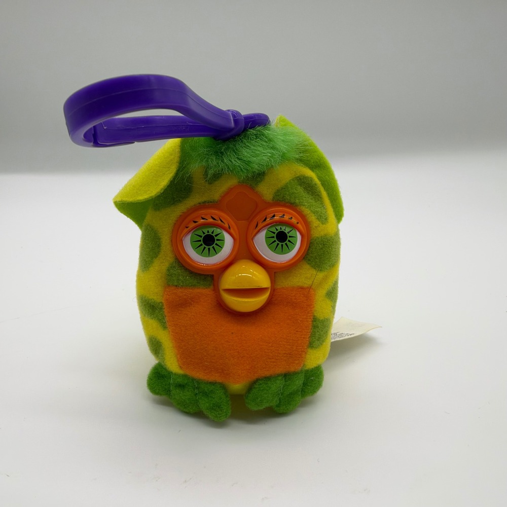 Vintage 2000 Furby McDonald's Happy Meal Clip Plush Yellow Green Leopard Print